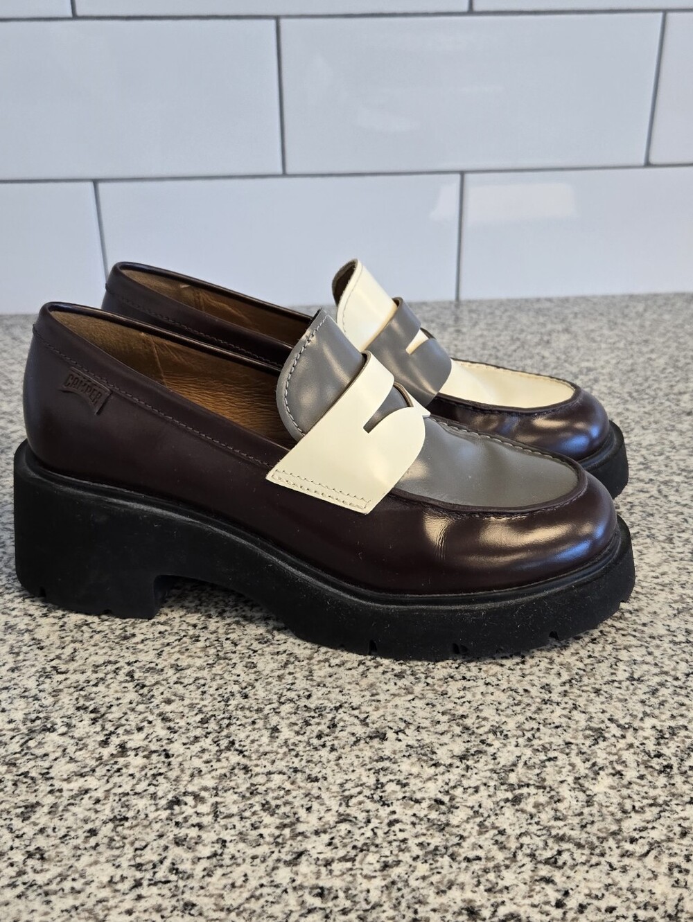 Camper Dark Brown, Grey and Cream Platform Loafers